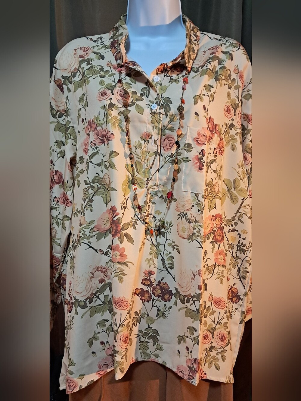 Floral Print Long-Sleeve Blouse - Cream with Pink & Green